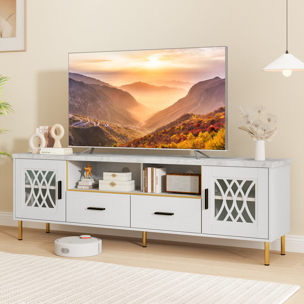 COSTWAY 71-Inch TV Stand for 80-Inch TVs, Modern White & Faux Marble Entertainment Center with Glass Doors & 2 Storage Drawers, Heavy-Duty MDF/Metal Frame Media Console Compatible with 50/60/70/80 Inch TVs for Living Room