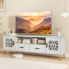 COSTWAY 71-Inch TV Stand for 80-Inch TVs, Modern White & Faux Marble Entertainment Center with Glass Doors & 2 Storage Drawers, Heavy-Duty MDF/Metal Frame Media Console Compatible with 50/60/70/80 Inch TVs for Living Room