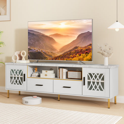 COSTWAY 71-Inch TV Stand for 80-Inch TVs, Modern White & Faux Marble Entertainment Center with Glass Doors & 2 Storage Drawers, Heavy-Duty MDF/Metal Frame Media Console Compatible with 50/60/70/80 Inch TVs for Living Room