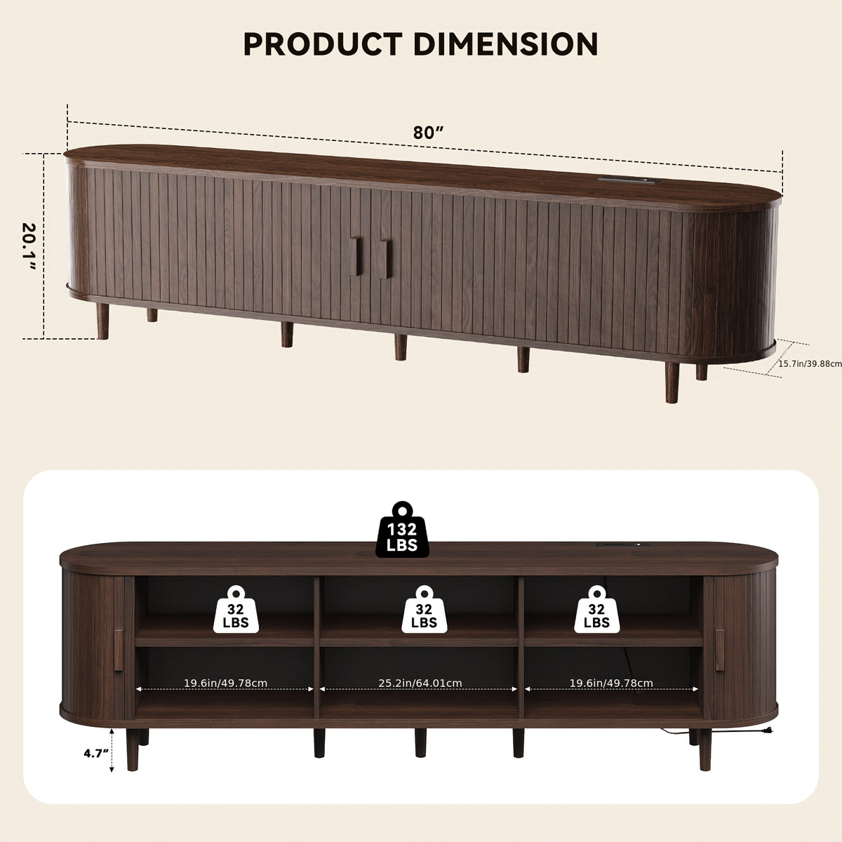 Mid-Century Modern TV Stand, Media Cabinet with Power Outlet And Sliding Door, Entertainment Center with Fluted, TV Console with Adjustable Shelf for Living Room, Bedroom (Walnut)