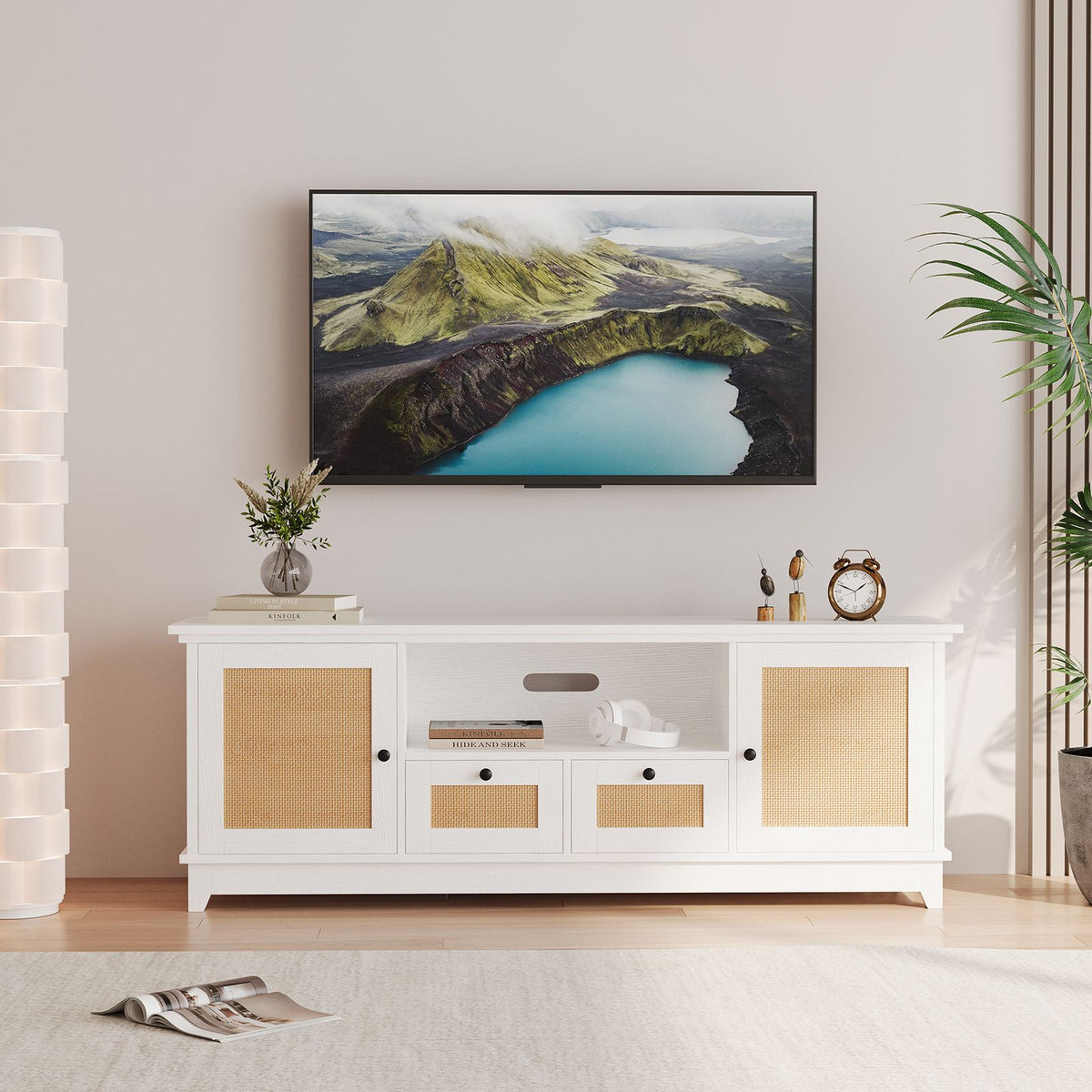 IDEALHOUSE TV Stand Rattan Entertainment Center for 70 Inch TV, Modern TV Console with Storage & Drawer, White Media Console Cabinet for 65+ Inch TV, Television Stands for Living Room