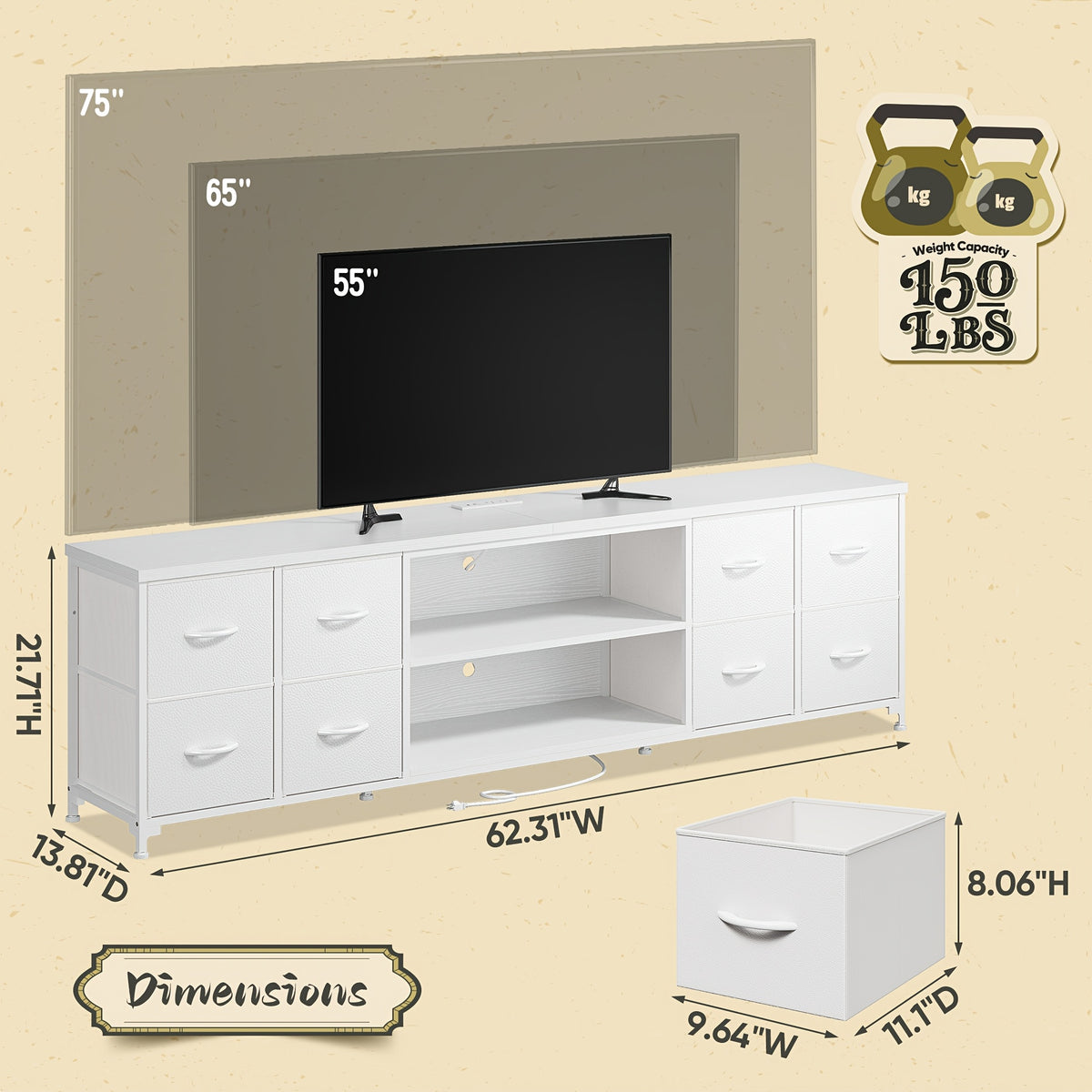 TV Stand for 65 75 Inch with Lights & Power Outlets, TV Stands for Bedroom with 8 Fabric Dresser&Chest of Drawers, TV Stand with Storage As Entertainment Center for Living Room, Dorm