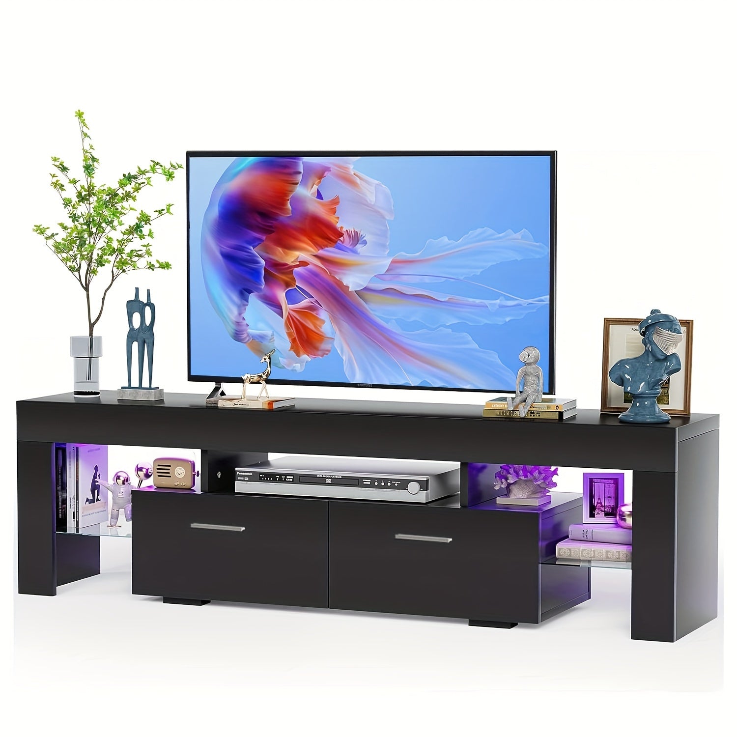 Contemporary LED TV Stand Measuring 63''/71'' Suitable for 55/65/75/80 Inch Televisions, Featuring a High Gloss End. This Media Console Table Serves As an Entertainment Center with Storage Drawers, Perfect for Your Living Room, Game Room