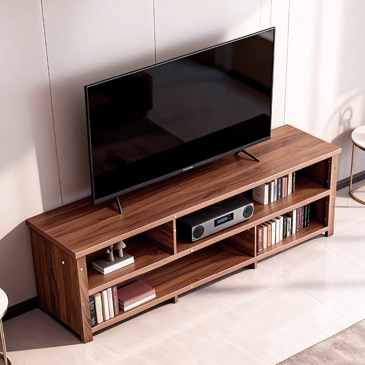 Dark Brown Particle Board TV Stand, 70.07"×15.75"×24.4" Double Layer Entertainment Center with Open Storage Shelves, Modern TV Console for Living Room & Bedroom