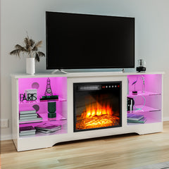 Fireplace TV Stand with 18-Inch Fireplace, Modern Entertainment Center for Tvs Up to 65 Inches, Media TV Console with Adjustable Glass Shelves And Storage Cabinets, Farmhouse TV Stand for Living Room