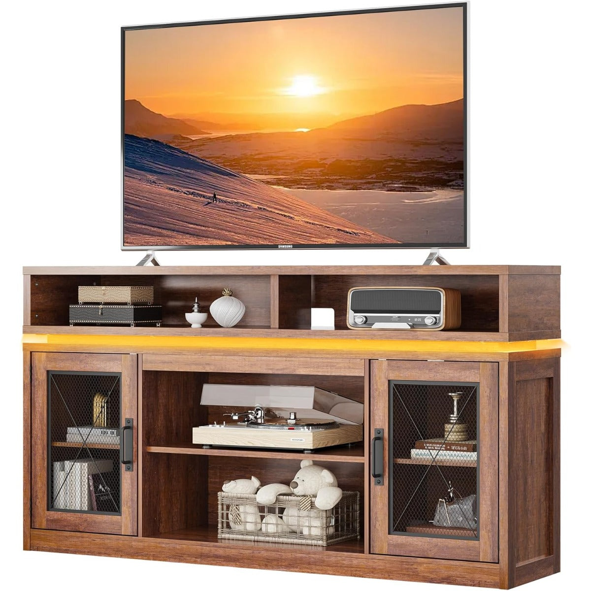 Farmhouse TV Stand for TVs Up to 65 Inches, Tall Entertainment Center with Storage Cabinets & LED Lights, Media Console for Living Room, Bedroom, Home Theater