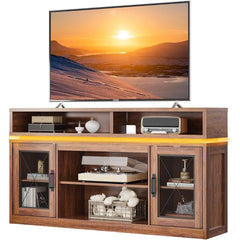 Farmhouse TV Stand for TVs Up to 65 Inches, Tall Entertainment Center with Storage Cabinets & LED Lights, Media Console for Living Room, Bedroom, Home Theater