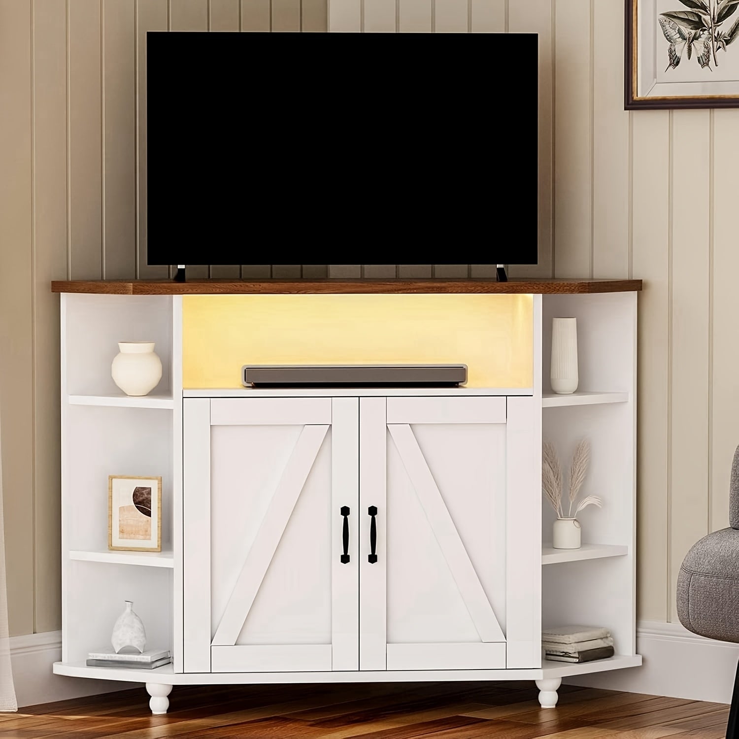Office Rustic Oak White Brown Grey Corner TV Stand for 55 Inch with LED Lights, Studio Corner TV Cabinet with Adjustable Shelves, Corner Entertainment Center with Barn Doors for Office, Studio, Rustic Oak White Brown Grey