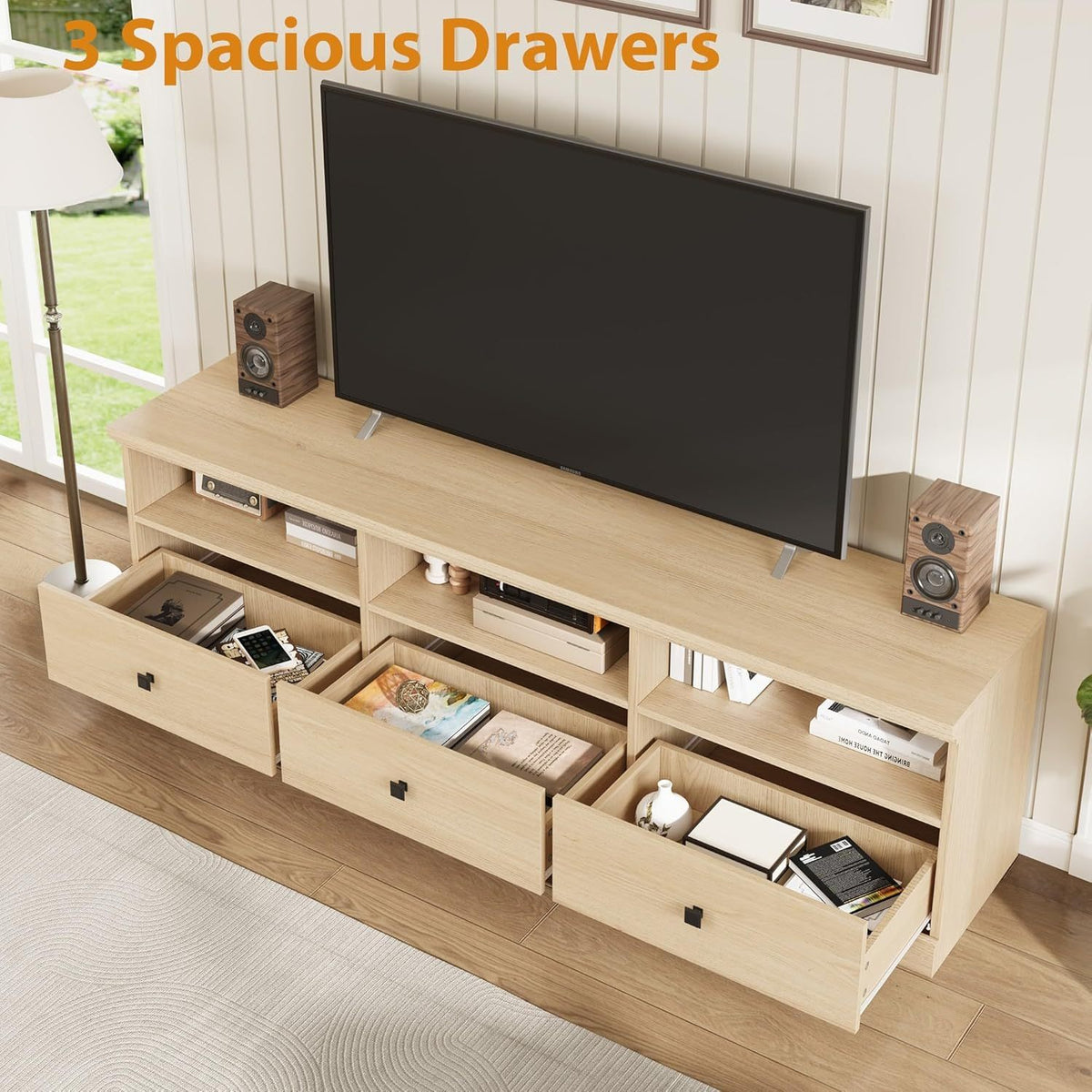70in TV Stand for TVs up to 75in, Entertainment Center with Storage Drawer, Mid-Century Modern TV Console with Open Shelves, Wood Media TV Cabinet for Living Room, Bedroom