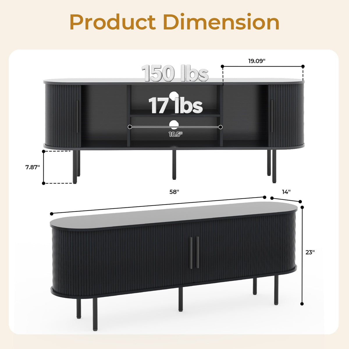 Black Embossed Particle Board TV Stand, Oval Tabletop 147×35×58cm, Entertainment Center with Slatted Sliding Doors, Modern Media Console Cabinet for Living Room