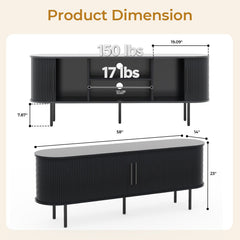 Black Embossed Particle Board TV Stand, Oval Tabletop 147×35×58cm, Entertainment Center with Slatted Sliding Doors, Modern Media Console Cabinet for Living Room
