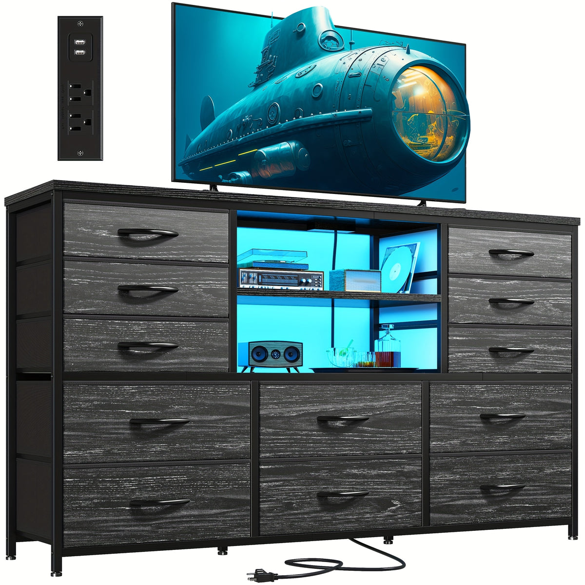 TV Stand Dresser for 60''TV Entertainment Center with LED Lights & Power Outlet 12 Drawers Dresser for Bedroom Black Dresser TV Console Table Living Room, 49.2''W*11.8''D*35.4''H