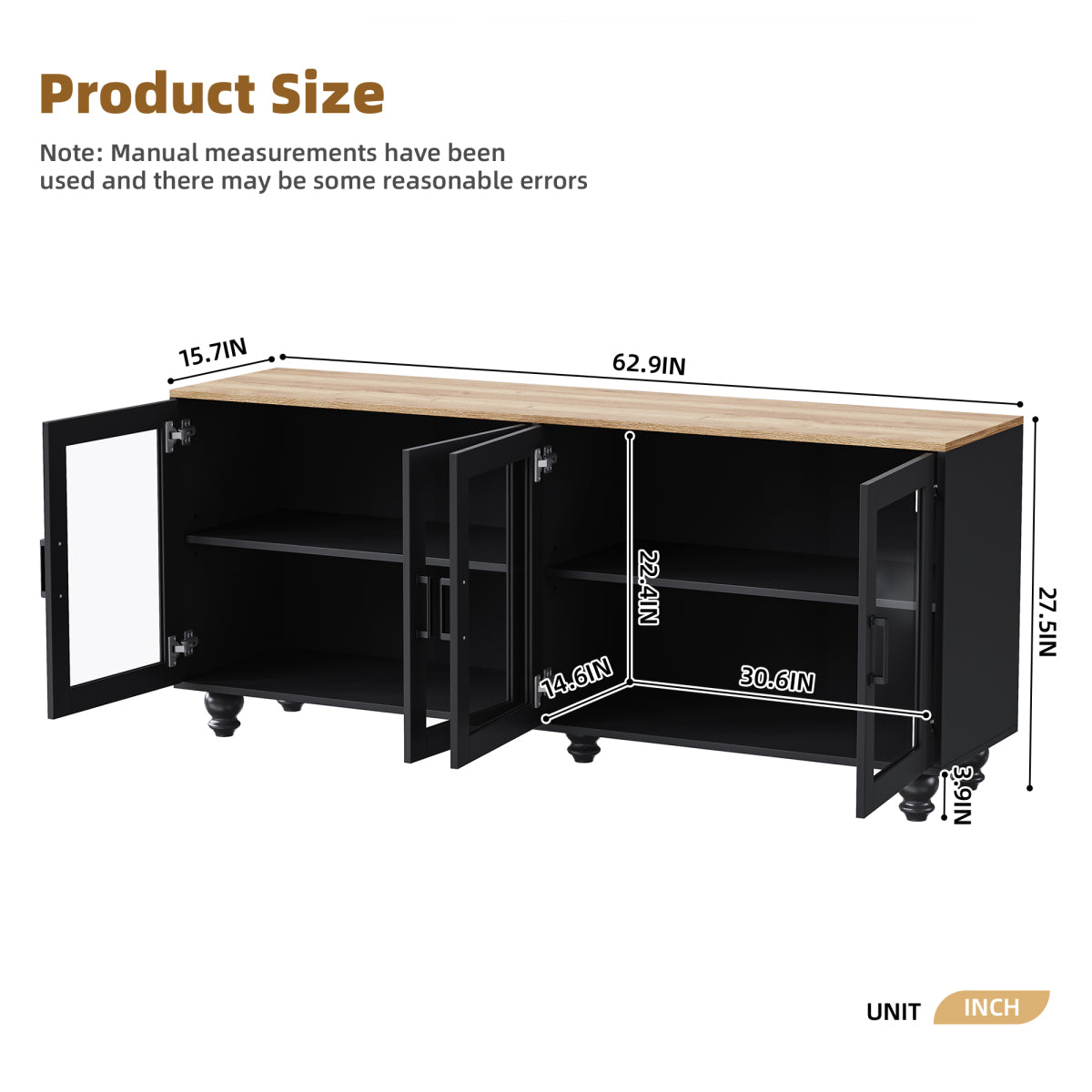 ON-TREND Farmhouse TV Stand Featuring Tempered Glass Doors Suitable for Tvs Up to 70 Inches, a Multifunctional Sideboard with Adjustable Shelves, And a Stylish Buffet Cabinet Supported by 5 Sturdy Wood Legs Shaped Like Gourds