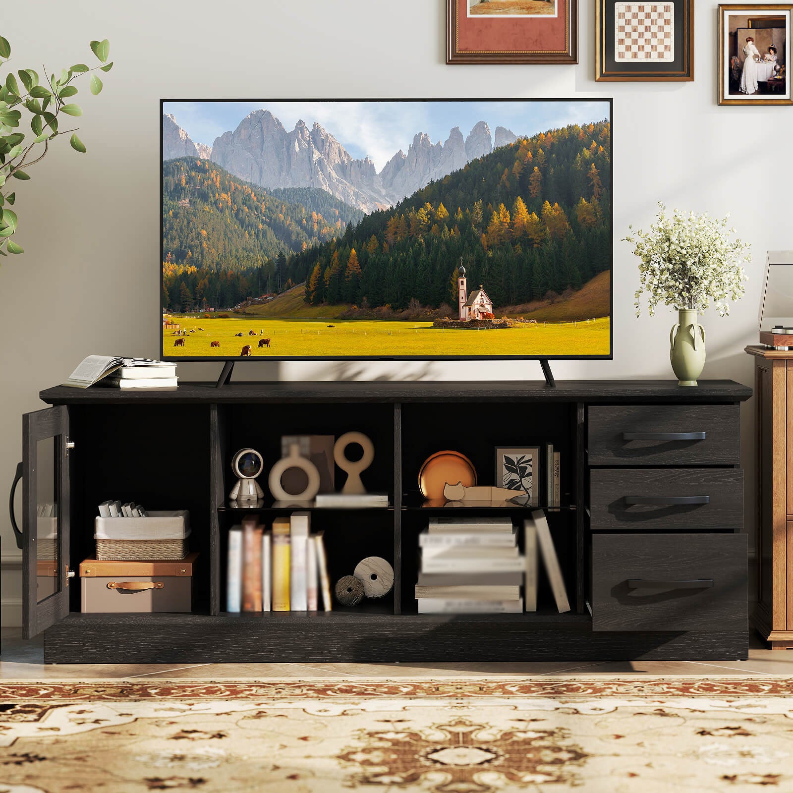 LIFEZEAL Extra Large TV Stand for 73-Inch TVs, 63" Wide Media Console with Heavy-Duty MDF Construction, 550 lb Weight Capacity, Modern Entertainment Center with 3 Drawers & 2 Glass Shelves, Cable Management System, Black/Finishes Available - Living Room,