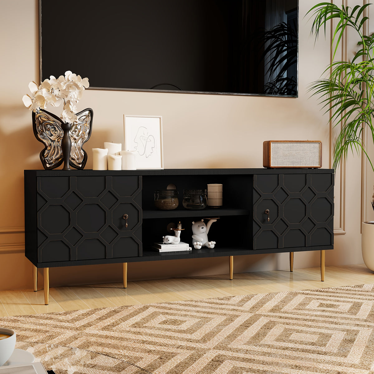 Modern TV Stand for 65/70inch TV, Entertainment Center with Storage Cabinet And Open Shelves, Embossed Pattern TV Stand, TV And Media Console for Living Room, Bedroom
