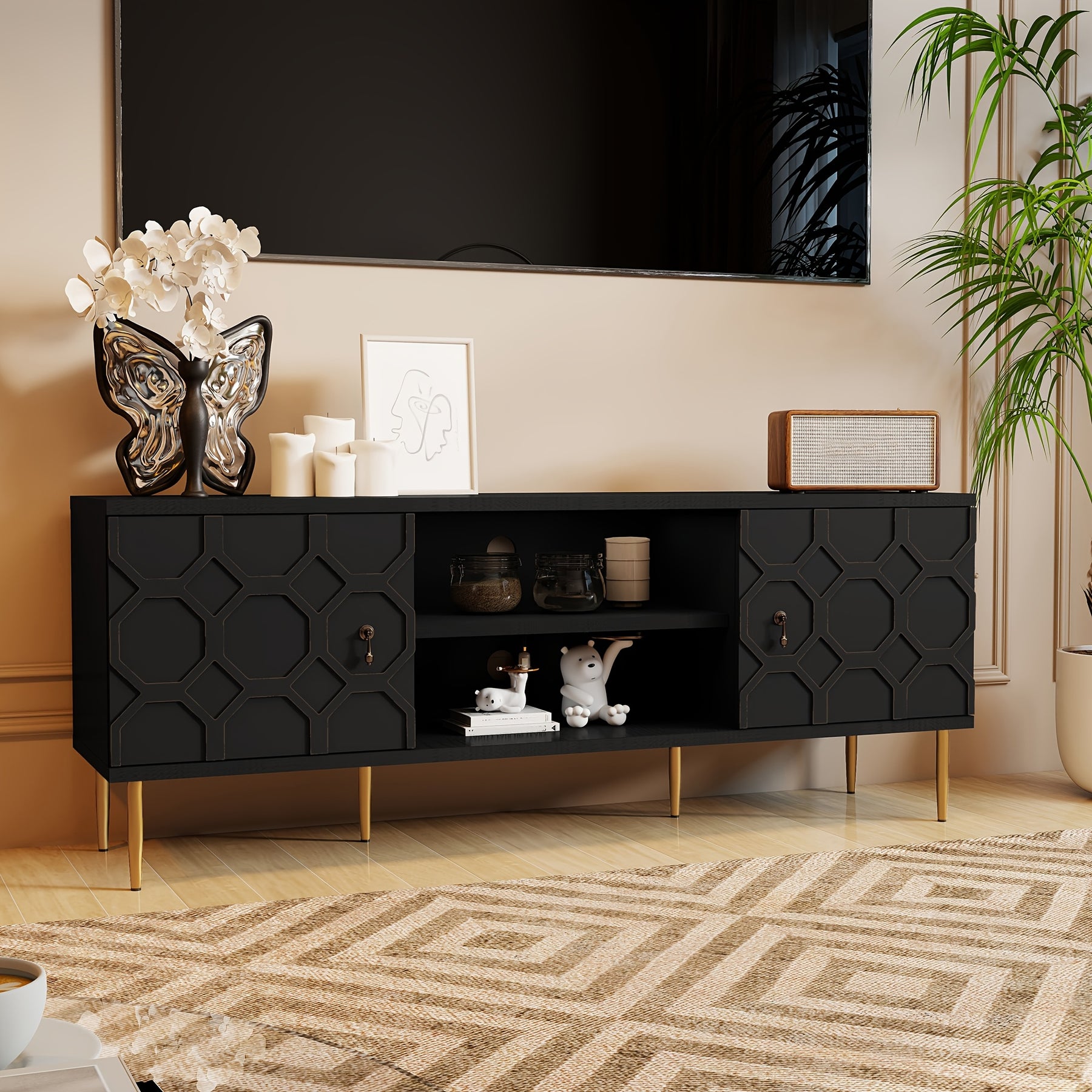 Modern TV Stand for 65/70inch TV, Entertainment Center with Storage Cabinet And Open Shelves, Embossed Pattern TV Stand, TV And Media Console for Living Room, Bedroom
