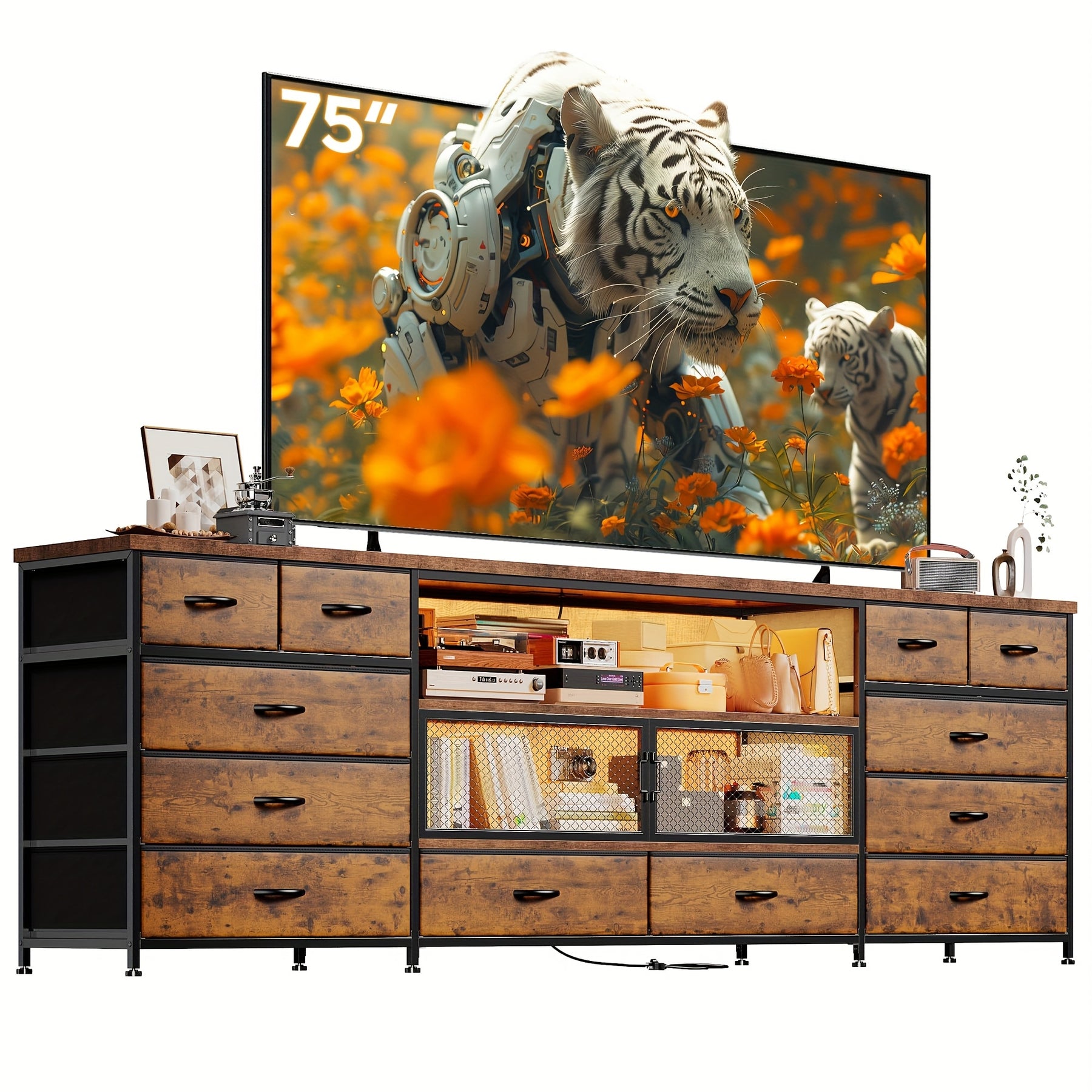 85/80/75 Inch TV Stand for Bedroom with LED & Charging Station Large TV Console with Open Shelf & Mesh Door 71" Long Dresser for Bedroom with 12 Fabric Drawer Black/Rustic Brown