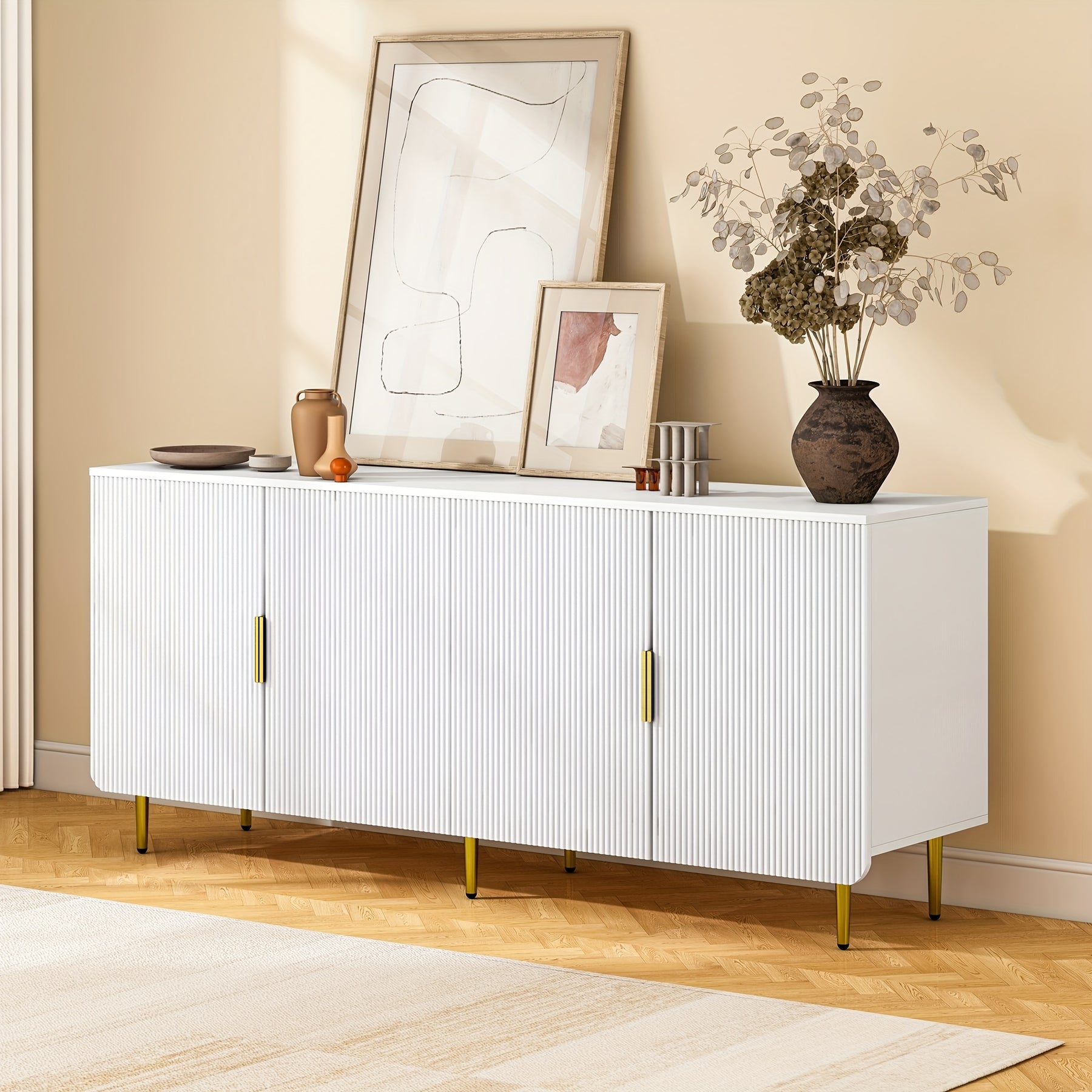 Contemporary Television Stand Suitable for 70 to 80-Inch Screens, Featuring a 66-Inch Sideboard Buffet Storage Unit with Four Doors And Adjustable Shelves. This Wooden TV Console Table Offers Ample Storage And Serves Multiple Purposes
