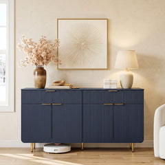 Modern Fluted TV Stand for 70/75/80 Inch TV, Wood TV Console Table with Large Storage, Accent Buffet Cabinet with 4 Doors And 2 Drawers, Storage TV Cabinet for Bedroom, Living Room, Entryway, Blue Or Wood