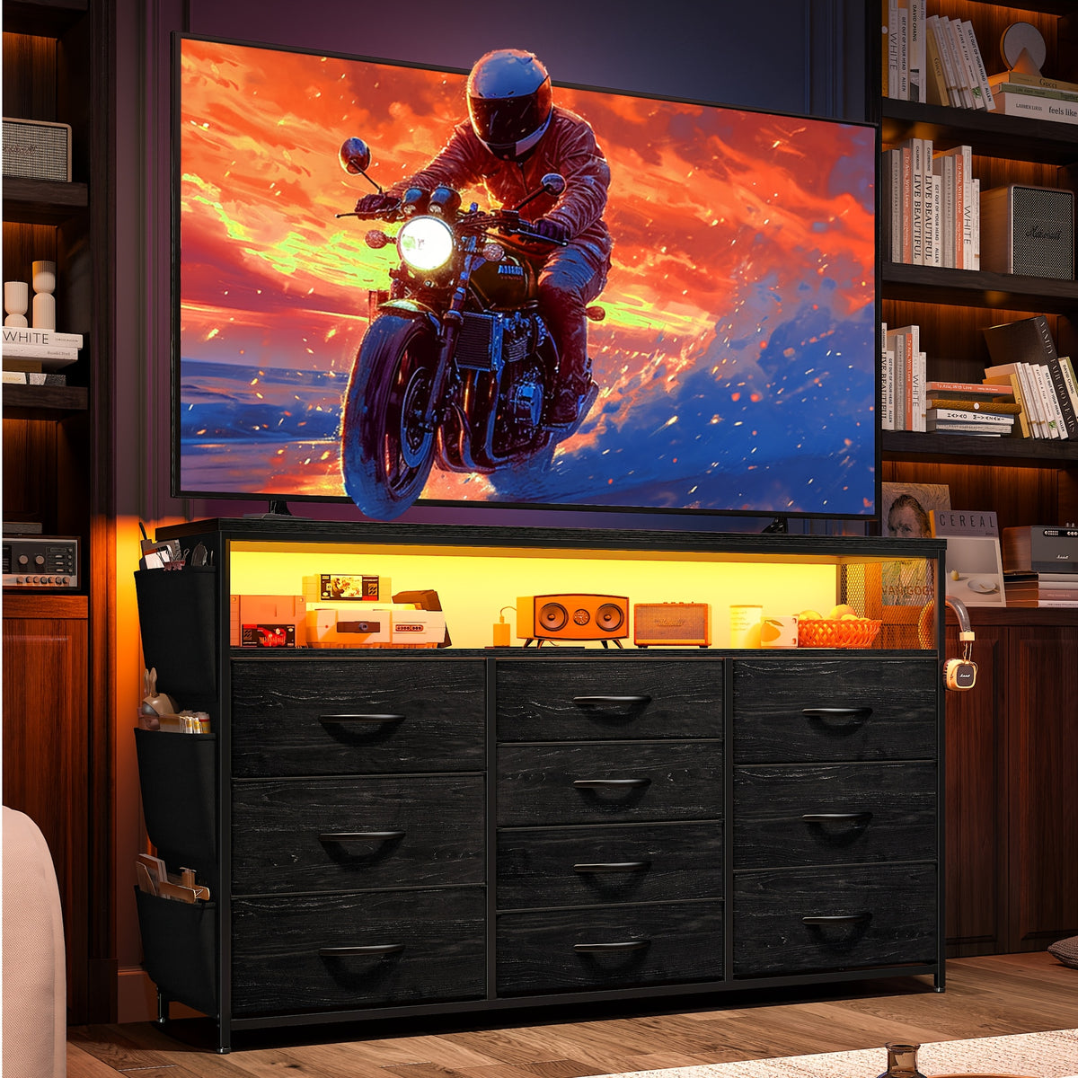 Dresser TV Stand With 10 Drawers For 55" TV Stand For Bedroom With LED Lights & Power Outlets Wide Dresser For Bedroom With Shelves & Side Pockets Sturdy Metal Frame & Wood Top, Charcoal Black