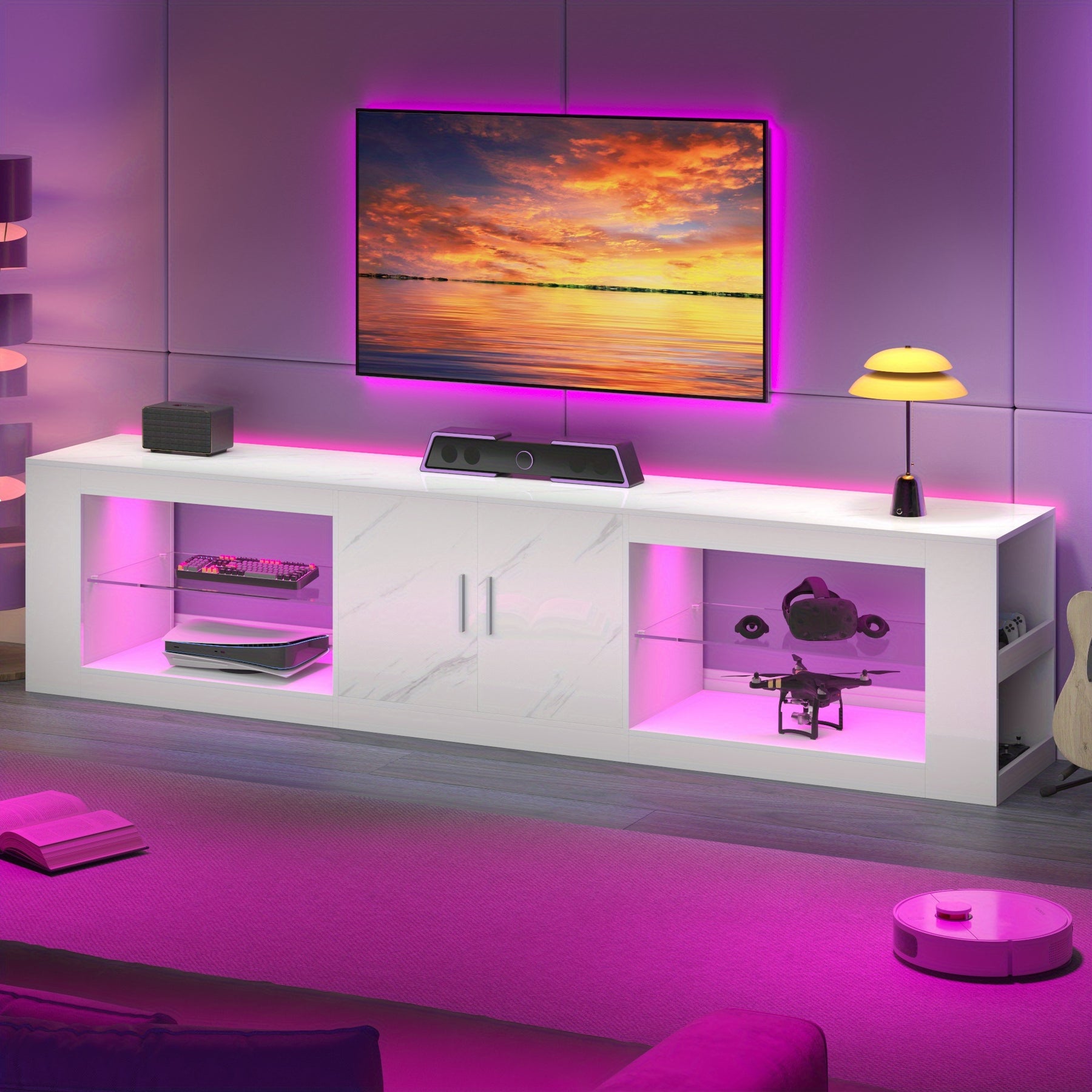 LED TV Stand for 55/60/65/70/75/80 Inch TV, Marble Pattern Gaming Entertainment Center with PS5, Xbox, Modern TV Cabinet with Storage And LED Lights, TV Console with Adjustable Glass Shelves for Living Room, Bedroom, White Or Black Marble