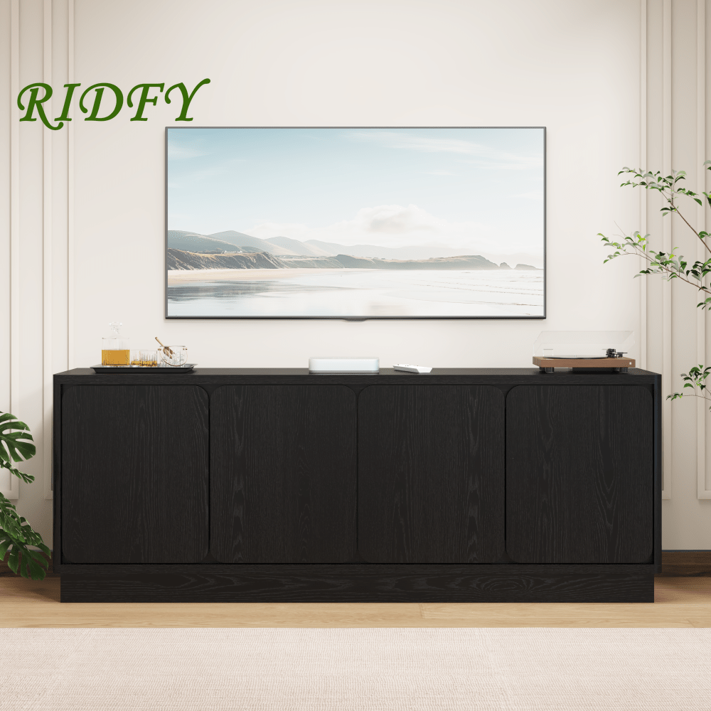 Black 63 Inch TV Stand with 4 Storage Doors, Wood Particle Board Media Console Cabinet with Cable Holes, Low Profile, Modern TV Cabinet for Living Room