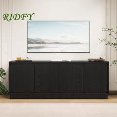 Black 63 Inch TV Stand with 4 Storage Doors, Wood Particle Board Media Console Cabinet with Cable Holes, Low Profile, Modern TV Cabinet for Living Room