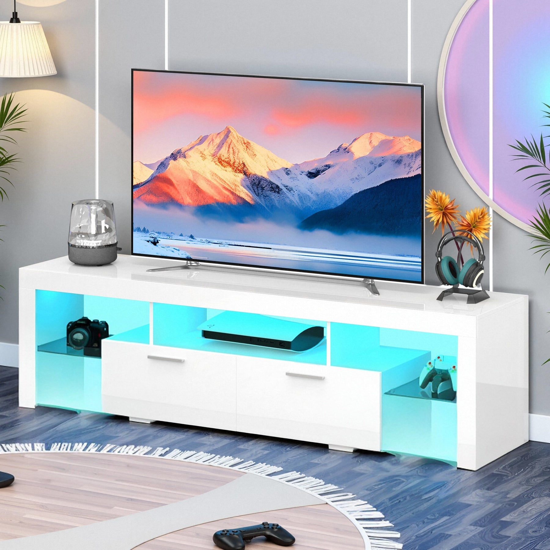 Modern TV Stand for 55/60/65/70/75 Inch TV with LED Lights, Gaming Entertainment Center for PS5, Xbox, TV Cabinet with Adjustable Glass Shelves, Media TV Console with Storage Cabinets for Living Room, Bedroom, 3 Sizes Available, White Or Black