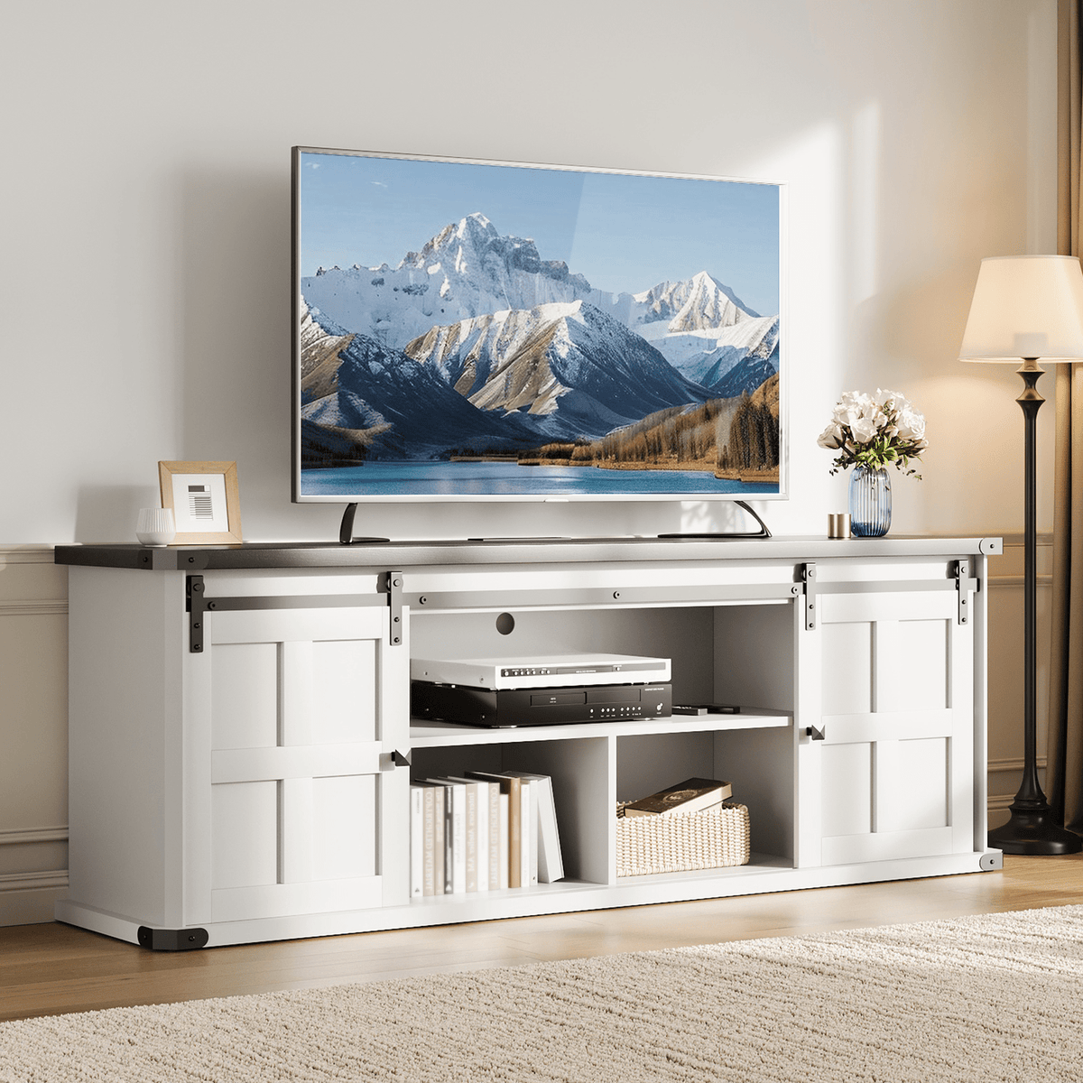Newly Upgraded TV Cabinet, IDEALHOUSE Farmhouse TV Stand for 75 Inch TV, Entertainment Center with Storage Cabinets And Sliding Barn Doors, Media TV Console Table for Living Room Bedroom