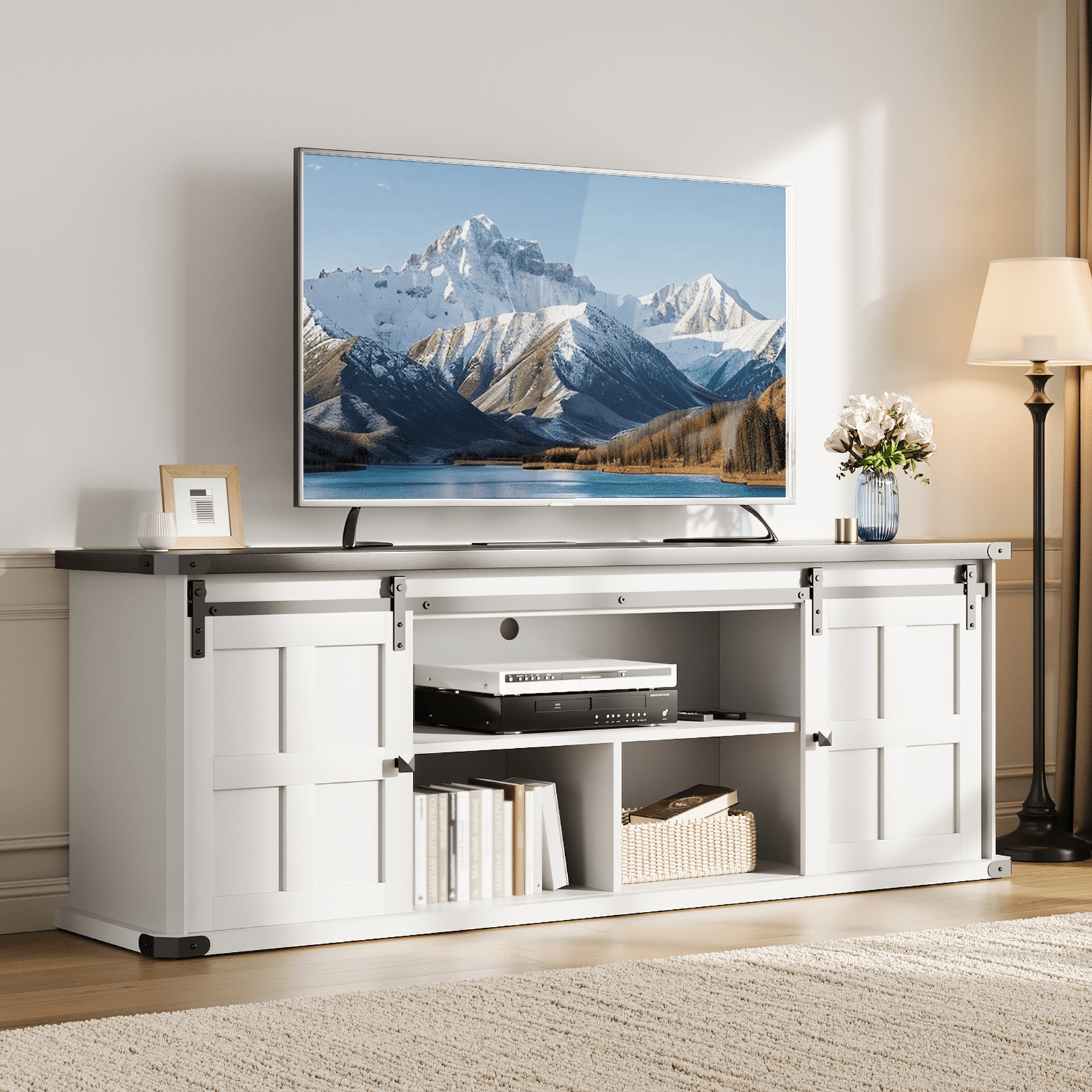 Newly Upgraded TV Cabinet, IDEALHOUSE Farmhouse TV Stand for 75 Inch TV, Entertainment Center with Storage Cabinets And Sliding Barn Doors, Media TV Console Table for Living Room Bedroom