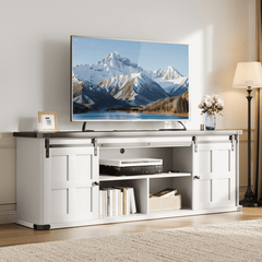Newly Upgraded TV Cabinet, IDEALHOUSE Farmhouse TV Stand for 75 Inch TV, Entertainment Center with Storage Cabinets And Sliding Barn Doors, Media TV Console Table for Living Room Bedroom