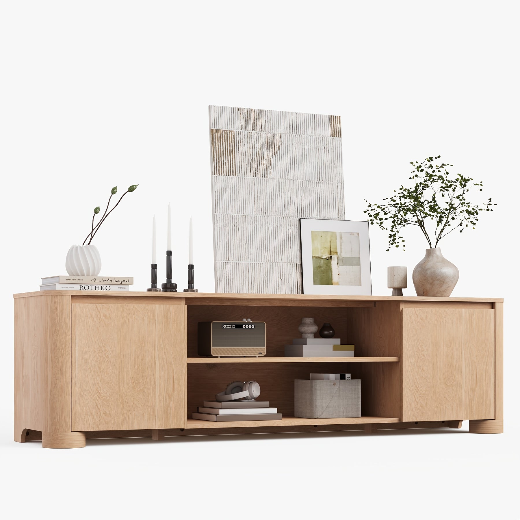 Modern 70" TV Stand for TVs Up to 80, Wooden Entertainment Center with Rounded Corners Design and Thickened Base for Living Room, Hallway