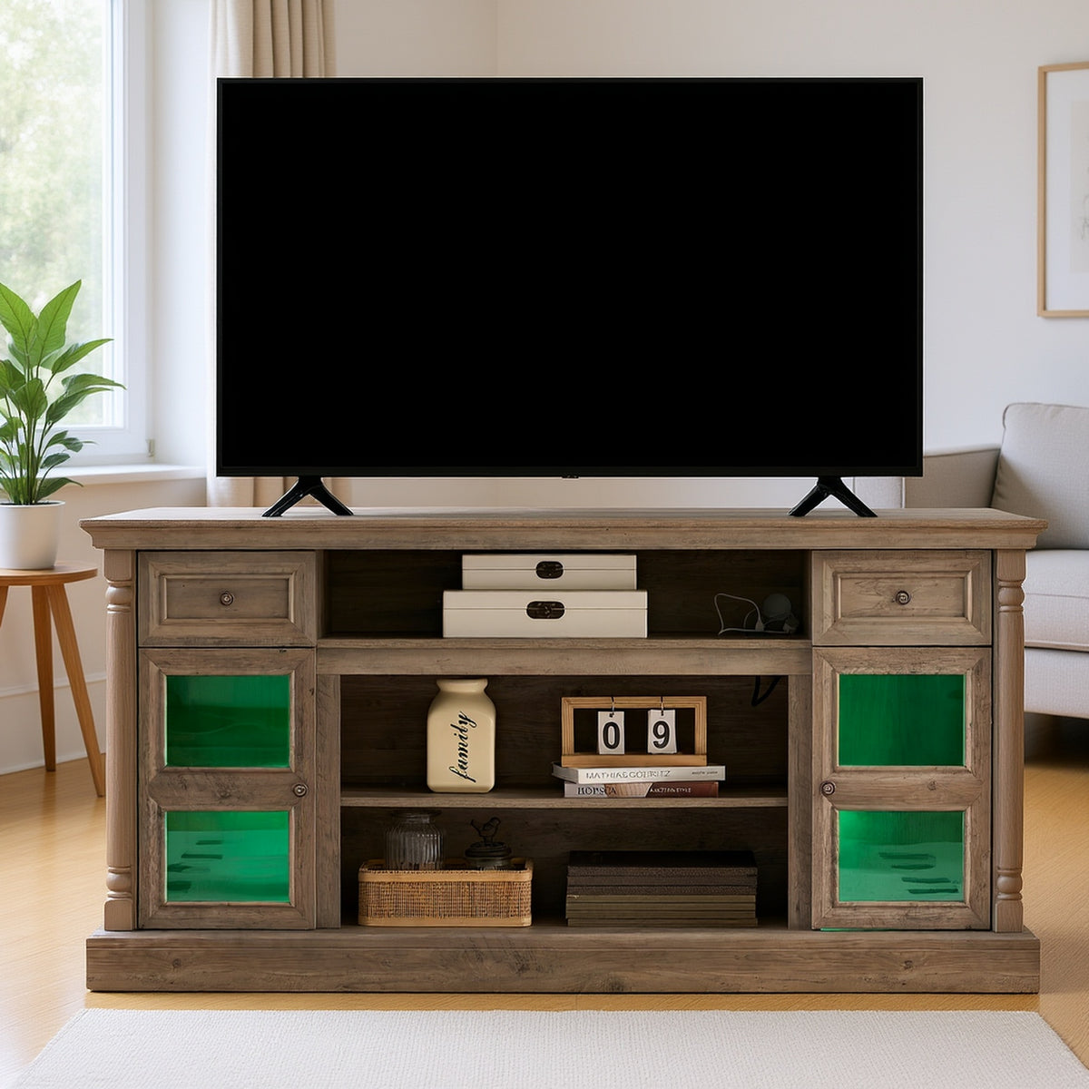 Farmhouse Fireplace TV Stand with Roman Column Styling, Up to 80-inch TV, 70-inch Modern Tall Entertainment Center with LED Lights, Living Room Media Console