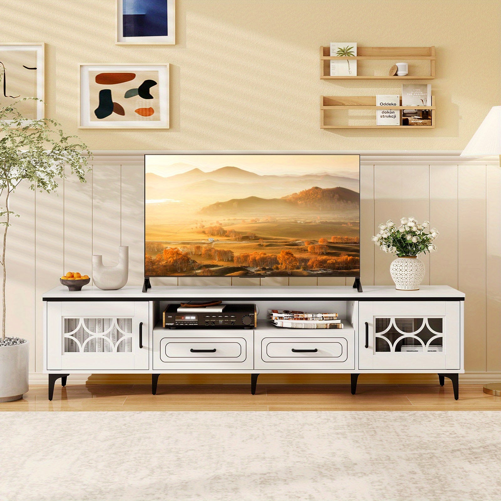 COSTWAY 71" TV Stand for TVs up to 80 Inch, TV Console Media Cabinet with Open Compartment, Side Cabinets & Drawers, Modern Mid-century Entertainment Center Wooden Television Furniture for Living Room Bedroom