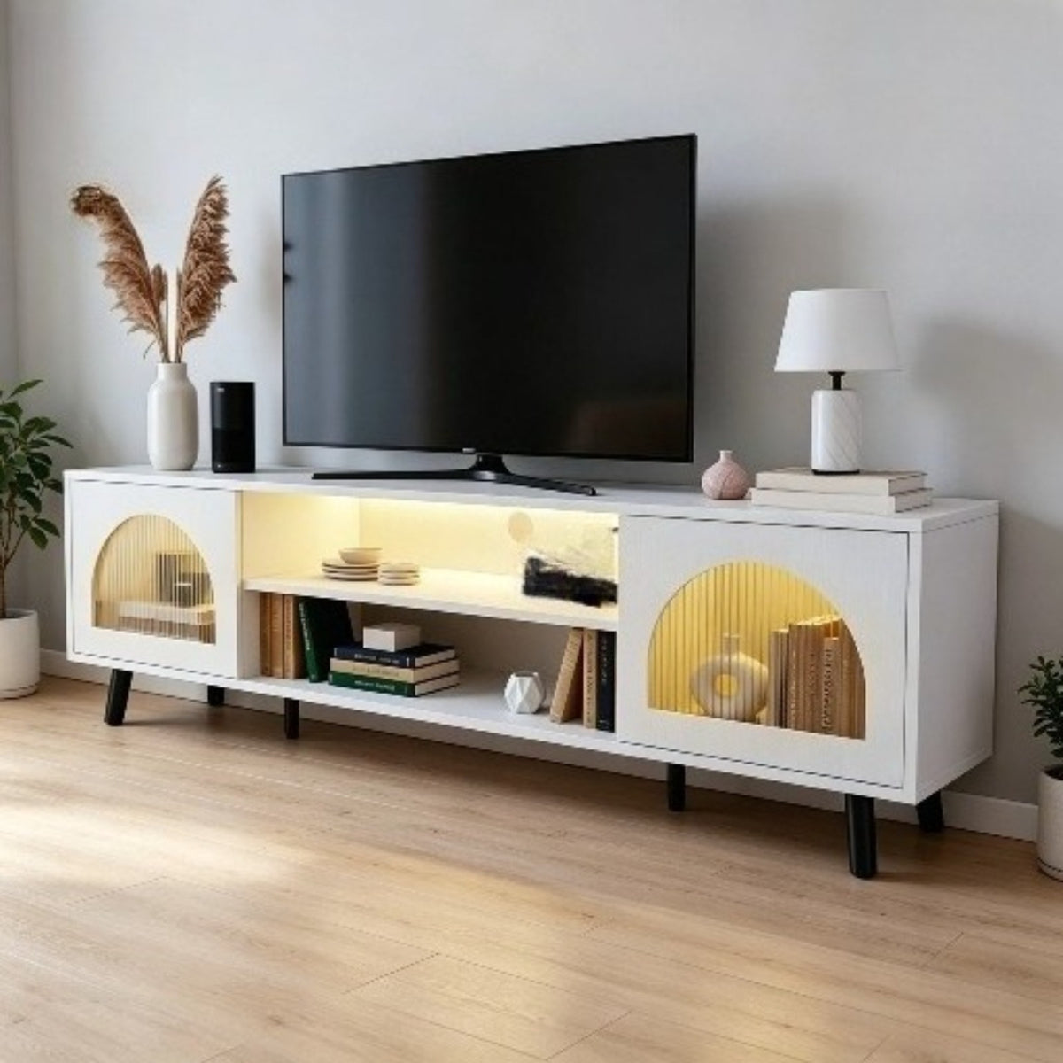 TV Stand with 2 Glass Doors, White Finish, 62.99x13.78x18.5inch Long Console for Living Room & Home Theater