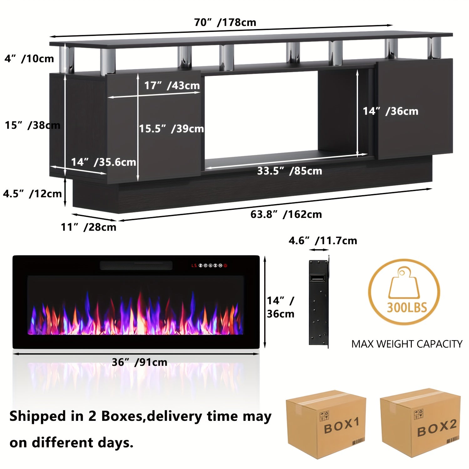 Fireplace TV Stand for Living Room, Entertainment Center with 36" Fireplace, Black Electric Fireplace TV Stand, Modern TV Stand Fireplace for TVs Up to 80", 70 Inch TV Stand with LED Light Strips
