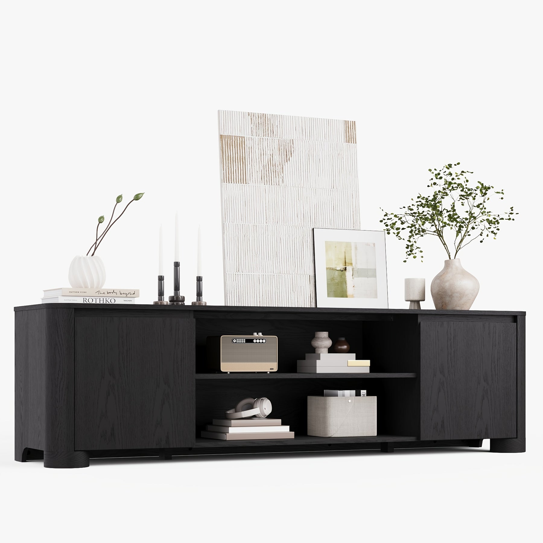 Modern 70" TV Stand for TVs Up to 80, Wooden Entertainment Center with Rounded Corners Design and Thickened Base for Living Room, Hallway