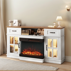 58 Inch Black Gold Oak Fireplace TV Stand with 25 Inch Insert, 2 Doors 2 Drawers & Glass Shelves, Media Console 147.4 x 45 x 80 cm