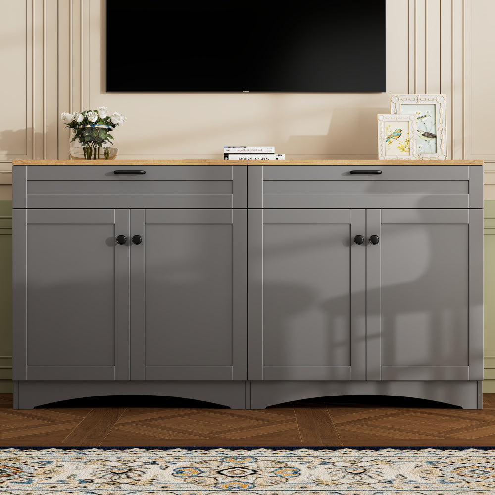 Farmhouse TV Stand with 2 Drawers for Tvs Up to 70', Versatile Wood Grain Sideboard with Adjustable Shelves, Mid-Century Buffet Cabinet with Rustic Handles for Living Room/Bedroom, Grey
