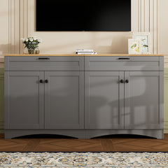 Farmhouse TV Stand with 2 Drawers for Tvs Up to 70', Versatile Wood Grain Sideboard with Adjustable Shelves, Mid-Century Buffet Cabinet with Rustic Handles for Living Room/Bedroom, Grey