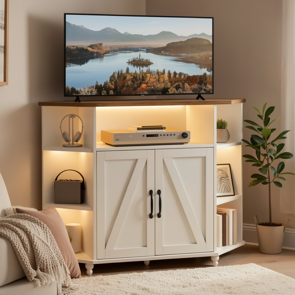 Office Rustic Oak White Brown Grey Corner TV Stand for 55 Inch with LED Lights, Studio Corner TV Cabinet with Adjustable Shelves, Corner Entertainment Center with Barn Doors for Office, Studio, Rustic Oak White Brown Grey