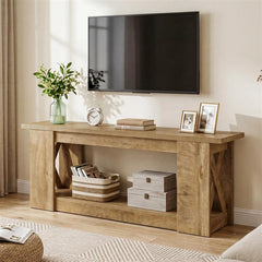 63-Inch Farmhouse TV Stand for TVs up to 70 Inches, Rustic Media Console with 2-Tier Open Storage