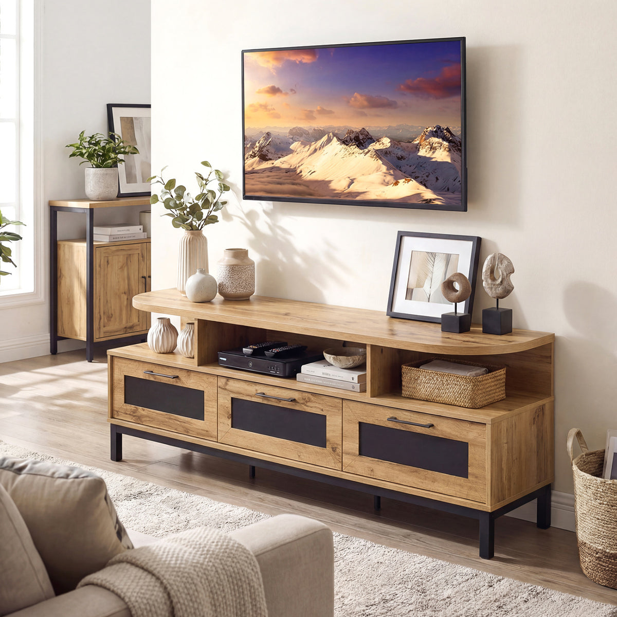 63 Inch Modern Rustic TV Stand Media Console with 3 Storage Drawers & Open Shelves - Engineered Wood Suitable for Living Room, Wide Entertainment Center for Flat-Screen TVs, Books, Media Storage, Assembly