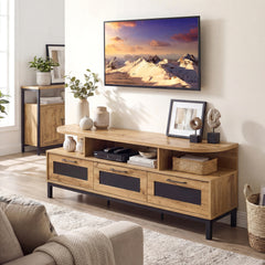 63 Inch Modern Rustic TV Stand Media Console with 3 Storage Drawers & Open Shelves - Engineered Wood Suitable for Living Room, Wide Entertainment Center for Flat-Screen TVs, Books, Media Storage, Assembly