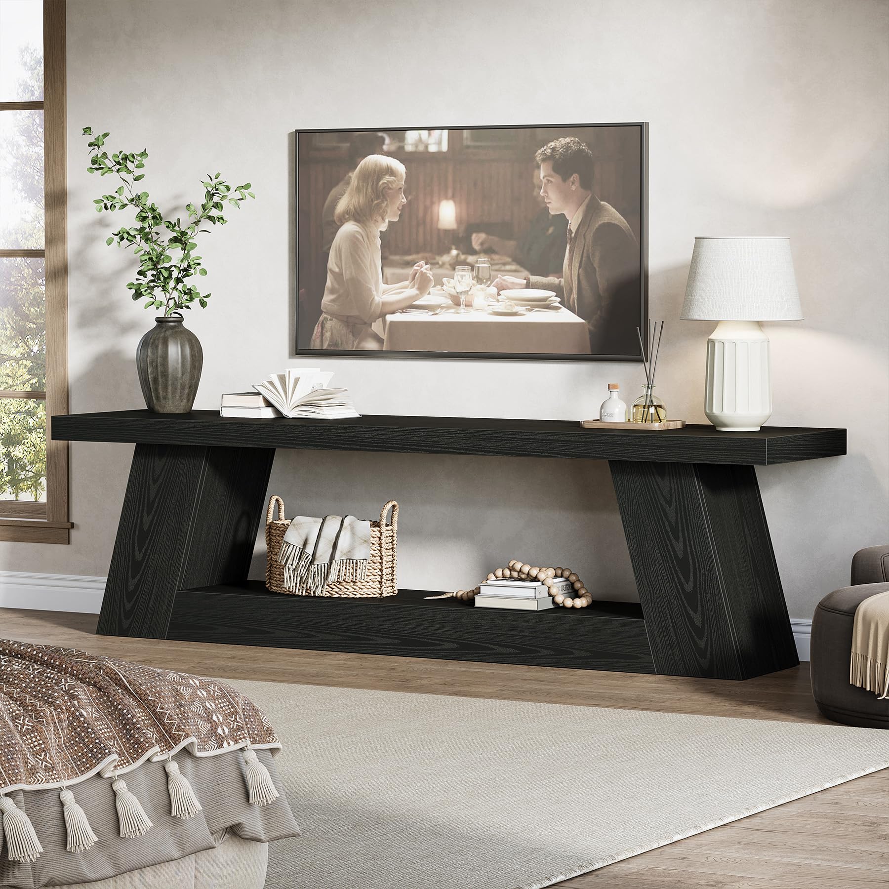 63' TV Stand for TVs up to 75', Rustic Wood Media Console with Storage Shelves, Entertainment Center Television Table for Living Room, Bedroom, Black