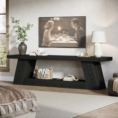 63' TV Stand for TVs up to 75', Rustic Wood Media Console with Storage Shelves, Entertainment Center Television Table for Living Room, Bedroom, Black
