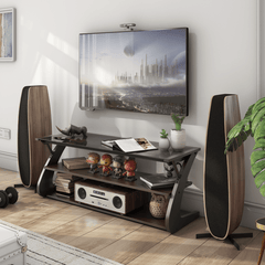3-Tier Media Console TV Stand with Tempered Glass Top, Stable and Modern Design. Ideal for Living Room, Bedroom, Media Room, Home Theater, Apartment, Lounge and Entertainment Areas.