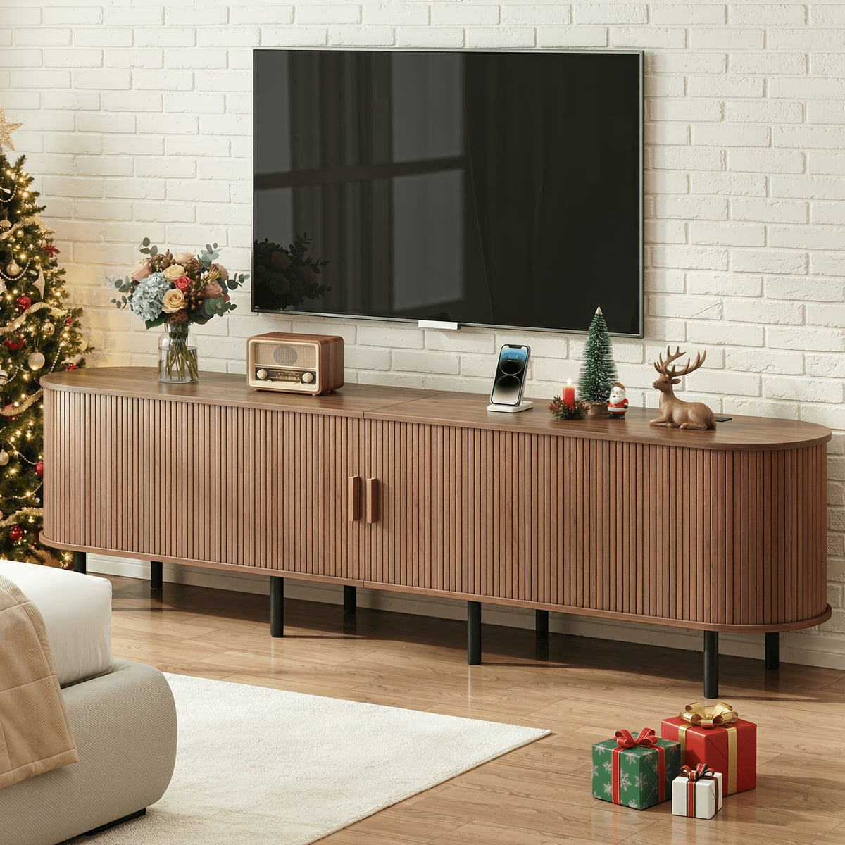 PAZCASA Wide Large TV Stand, Available in 86-inch/70.8-inch/55-inch Sizes, with Power Outlets, Suitable for 90-inch TVs. Sturdy and Durable Entertainment Center Featuring Adjustable Shelves, Sliding Doors, and Ample Storage Space. Modern Media