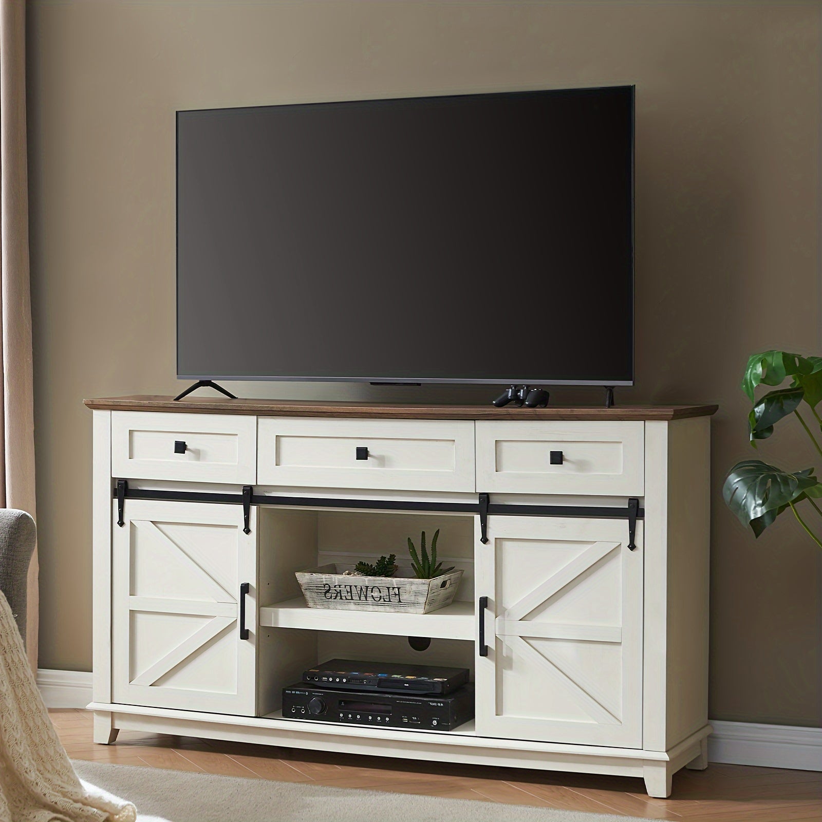 Farmhouse TV Stand for Televisions up to 65 Inchs, Entertainment Center with Sliding Barn Doors and Storage Drawers, Living Room Furniture with Cabinets