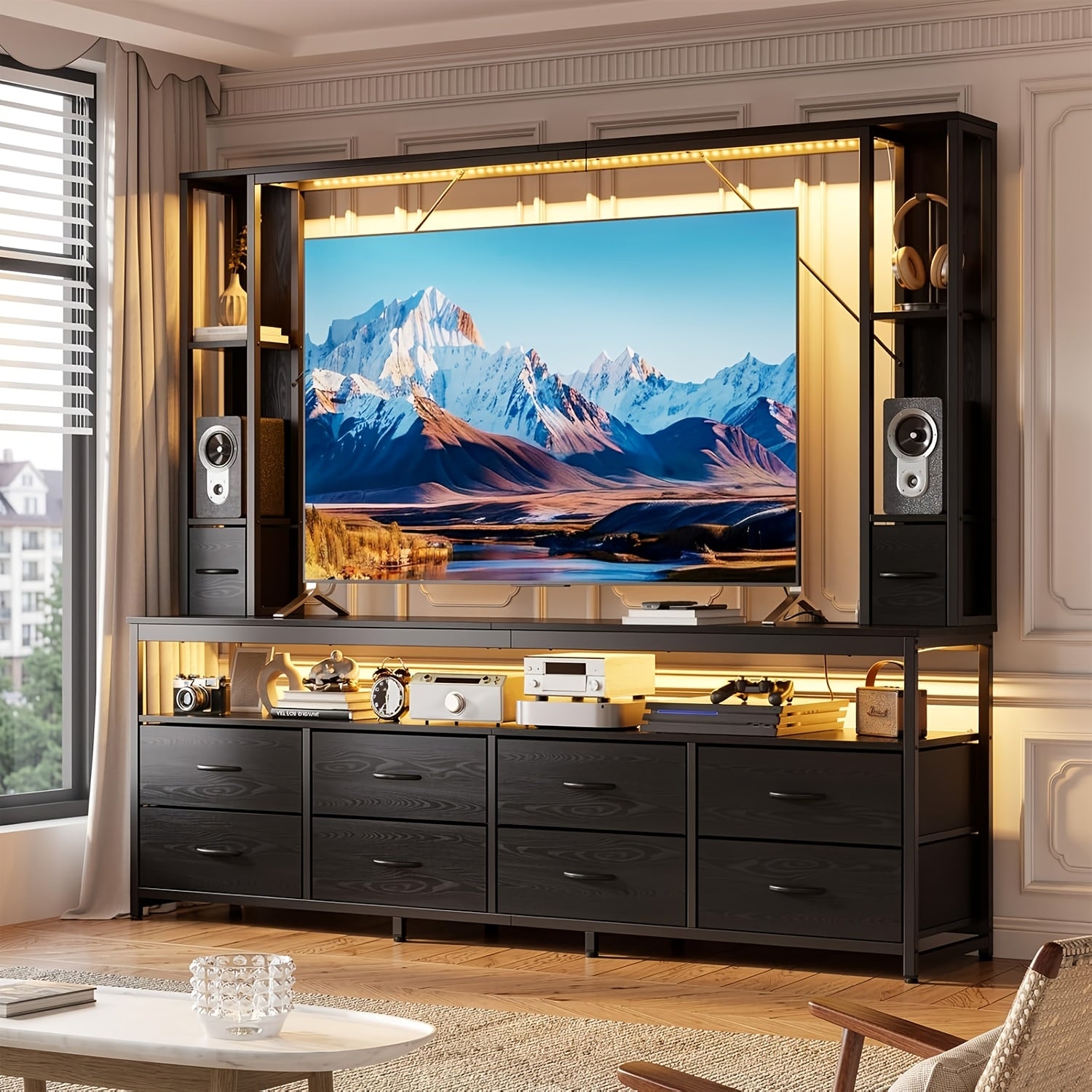 79-Inch Farmhouse Entertainment Center with TV Stand, Bookshelf, 10 Storage Drawers, Fits Tvs Up to 70", Wall Unit Media Console, Living Room, Black